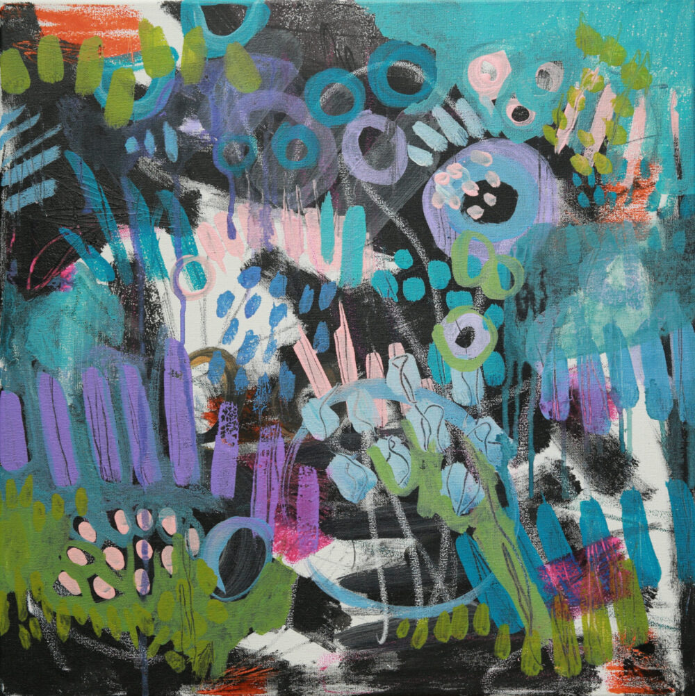 Crazy Abstract Garden #3 is a stunning art print featuring vibrant turquoise, purple, green, and black colors. Bold shapes with circles and lines create a dynamic composition on the textured surface, adding depth and movement to this striking abstract painting.