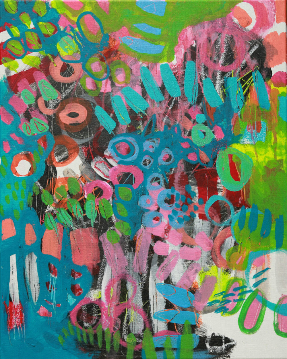 Crazy Abstract Garden #4 is a vibrant art print featuring swirling patterns and shapes in pink, teal, green, red, and white. With its circles, lines, and brushstrokes, this dynamic piece offers a colorful visual experience.