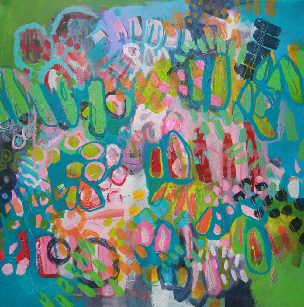 Crazy Abstract Garden #5, available as an art print, features a vibrant mix of green, blue, pink, and yellow. Its lively composition includes overlapping circles, ovals, and irregular forms for a dynamic visual effect.