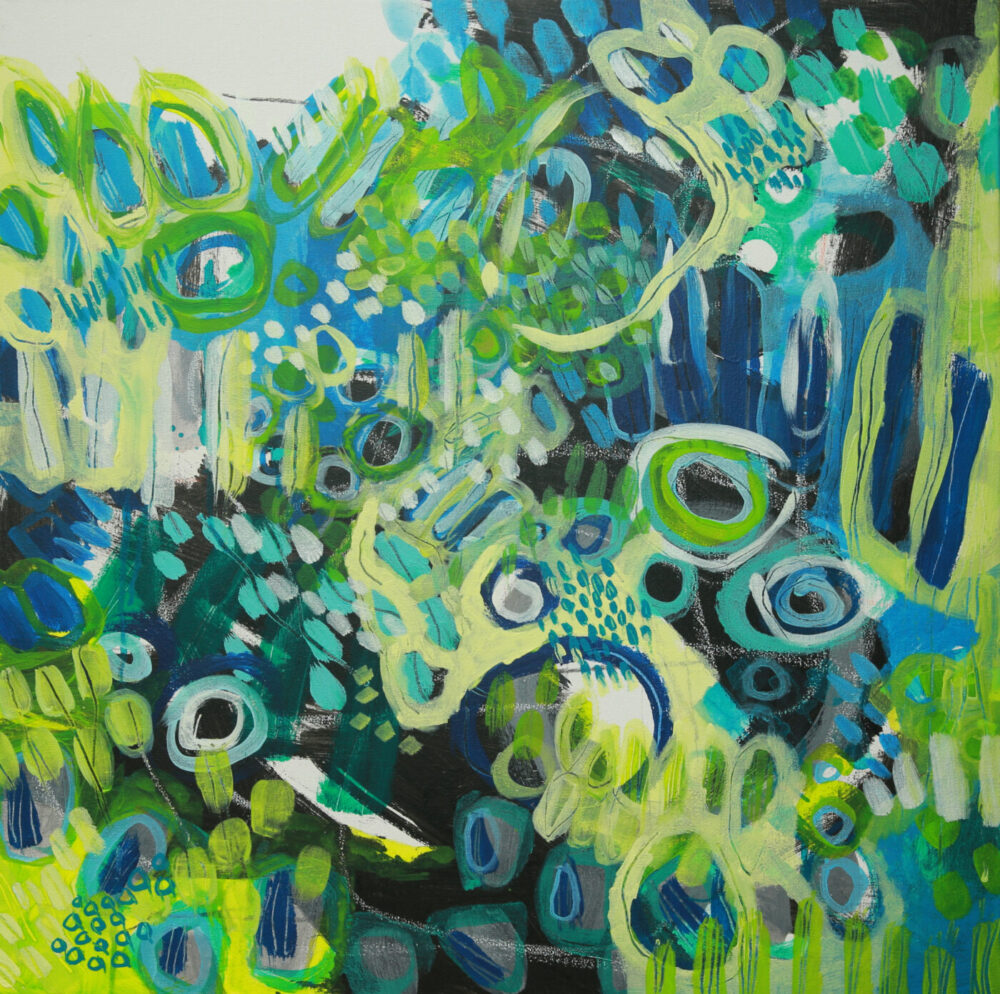 The Crazy Abstract Garden #7 art print showcases a vibrant mix of green, blue, and teal hues with swirling patterns, circular shapes, and expressive brushstrokes that evoke natural forms and organic growth in a dynamic, fluid texture.
