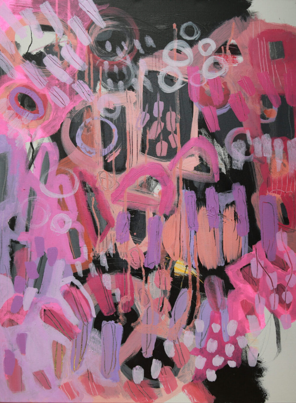 The abstract art print, Crazy Abstract Garden #8, features pink and purple brush strokes over a black and white background with overlapping circular and linear shapes in various shades, creating a dynamic, textured composition.