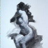 Minuet in E Minor 05 is a monochromatic abstract art print featuring a seated nude. Dynamic brushstrokes create movement and texture, while varying gray and black shades expertly depict light and shadows, adding depth to the human form.