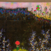 The art print Until We Reach There showcases a whimsical landscape with a lone figure holding an umbrella, set against a hill of vibrant strokes and abstract trees. Vivid dots and swirling patterns infuse the scene with a dreamlike atmosphere.