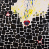 The Leaving the Wonderland - What You Think art print showcases abstract black stone-like shapes on a light background with a central red starburst and multicolored streaks, complemented by small green flower-like shapes and contrasting yellow splashes.