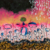 Introducing Hello, World!—an abstract art print featuring a cracked brown lower section, a pink and black gradient background, blue circle-shaped flowers with black stems, a floral-headed figure on a flower, and hanging white vine-like designs.