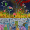 On The Avenue is a whimsical art print showcasing a colorful figure holding a string to a swirling red cloud, surrounded by abstract flowers and fish, creating an imaginative multicolored underwater landscape.