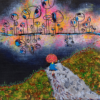 The Journey art print features a figure in a blue coat on a path, admiring an abstract sky with circular trees and pink, orange, and yellow swirls. The dark grassy landscape contrasts beautifully with the vivid sky.
