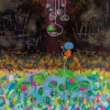The I Stay art print features a vibrant child-like figure blowing bubbles against a chaotic background of dark tones and colorful dots, with large bubble shapes adding depth and intrigue.