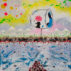 The I Survive abstract art print features a figure inside a glass bubble, surrounded by colorful swirls and dots. Below is a textured landscape with red and blue stone-like specks, while the background showcases green and yellow hues with distant mountains.