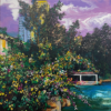 The art print 自然之間 Between Nature showcases a lush garden with vibrant flowers, a small pond, and a gazebo, set against tall buildings under a purple and blue sky, beautifully blending nature with urban elements.