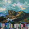 The art print 沉默的守護者 The Silent Guardian depicts a colorful mountain under a dynamic sky with swirling clouds, contrasting against the cityscape of towering, multicolored buildings below.