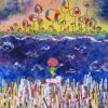 The They Are Not You art print showcases a whimsical figure with a floral head standing on colorful sticks, fish swimming in a blue sea above, and abstract multi-colored flowers on a vibrant yellow and green background, creating a playful and imaginative scene.
